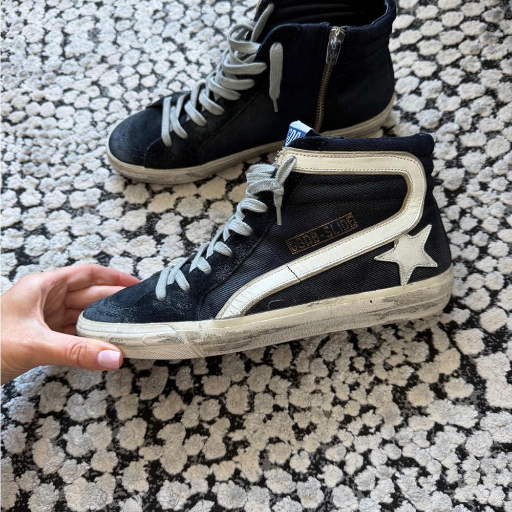 Golden Goose Slide High-Top Sneakers in Black with White Laces